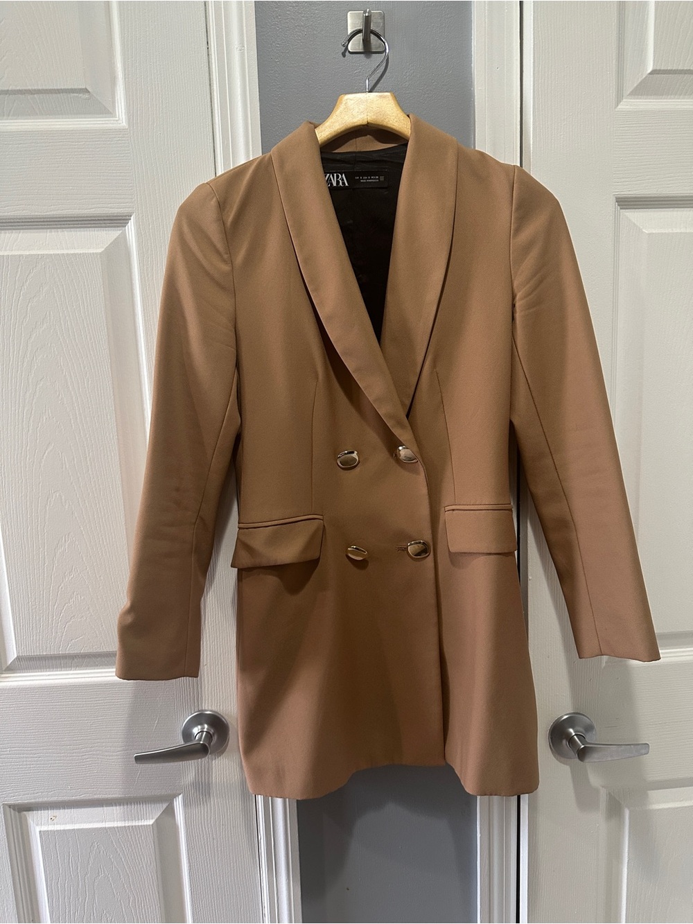 Zara Camel Brown Double-Breasted Blazer with Gold Buttons